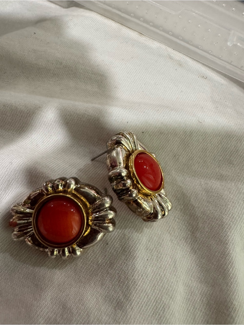 Vintage-Inspired Silver & Gold Earrings with Red Cabochon